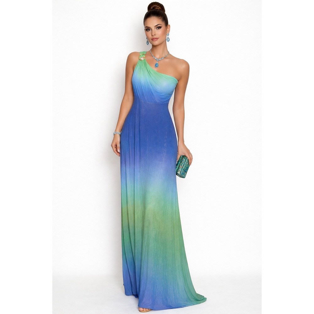 Boston Proper Limelight Ombre One Shoulder Evening Gown Blue Green 12 NWT